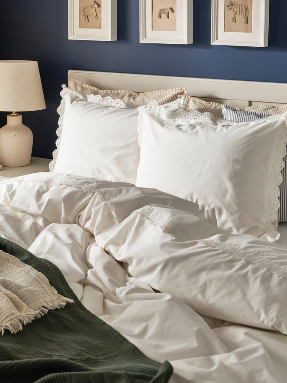 Cream Lace-Trim Cotton Duvet Cover Set